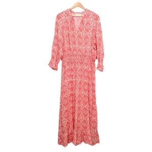 Aspiga Coral-Pink Printed Midi Dress with Smocked Waist- XL